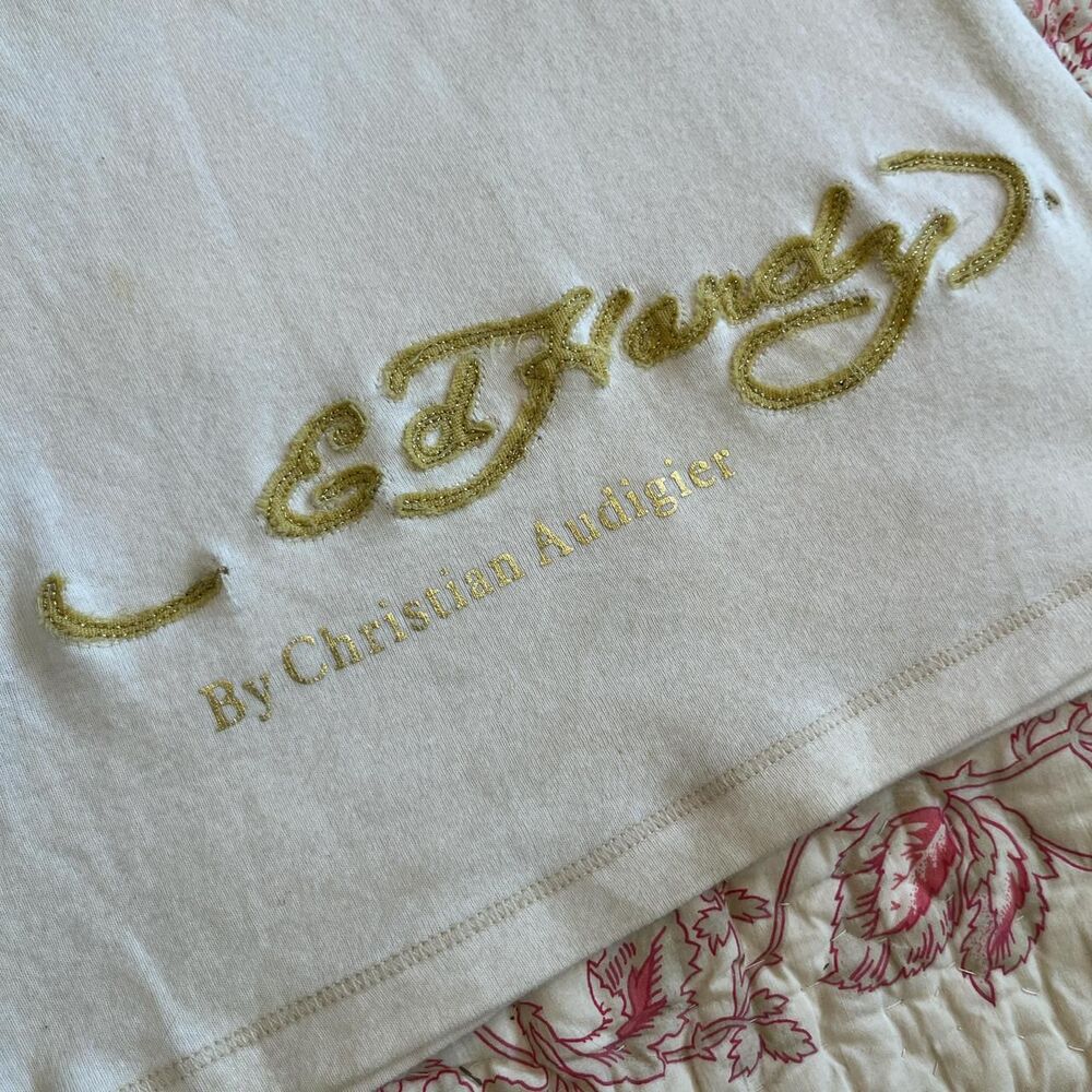 2000s Y2K Ed Hardy Gold Embroidered Tiger V neck long White and Cream cute top - Picture 5 of 6